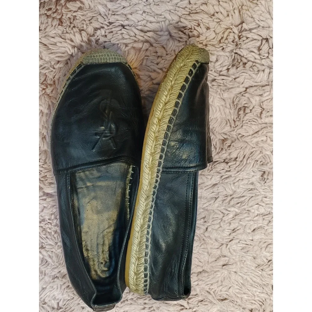 Saint Laurent Black Leather YSL Logo Espadrilles Flats‎ Slip On Shoes